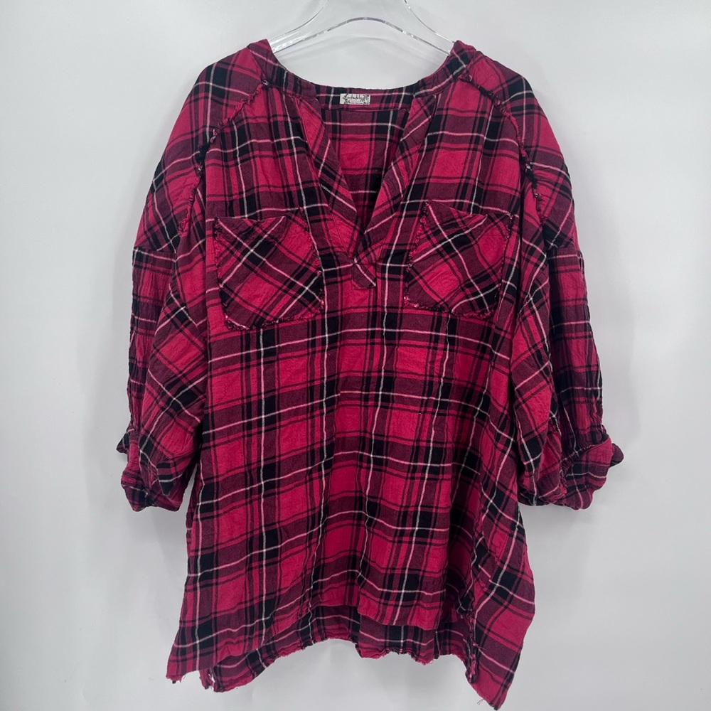 Free People Not Your Boyfriends Tunic Plaid Top Red‎ Oversized Balloon Sleeve Xs - Picture 2 of 8